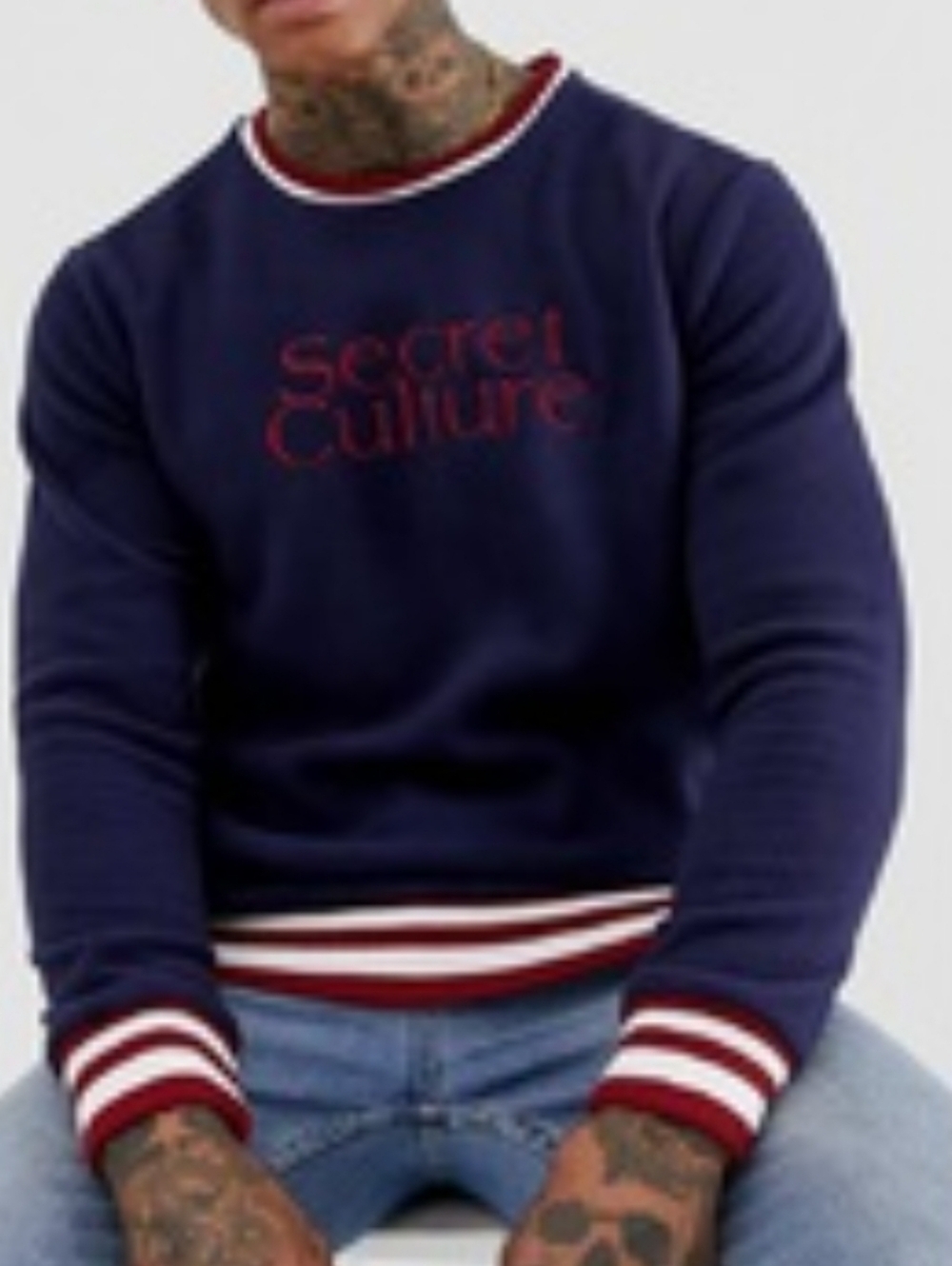 PULL&BEAR | Secret Culture embroidered fleece sweatshirt Navy Mens Sz S